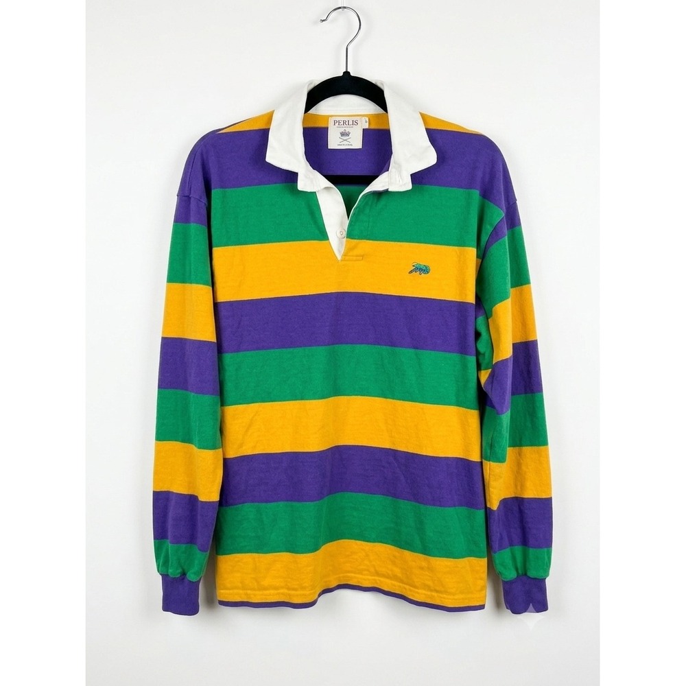 Perlis Mardi Gras Rugby Shirt Mens Small Purple Green Gold Striped Crawfish USA
